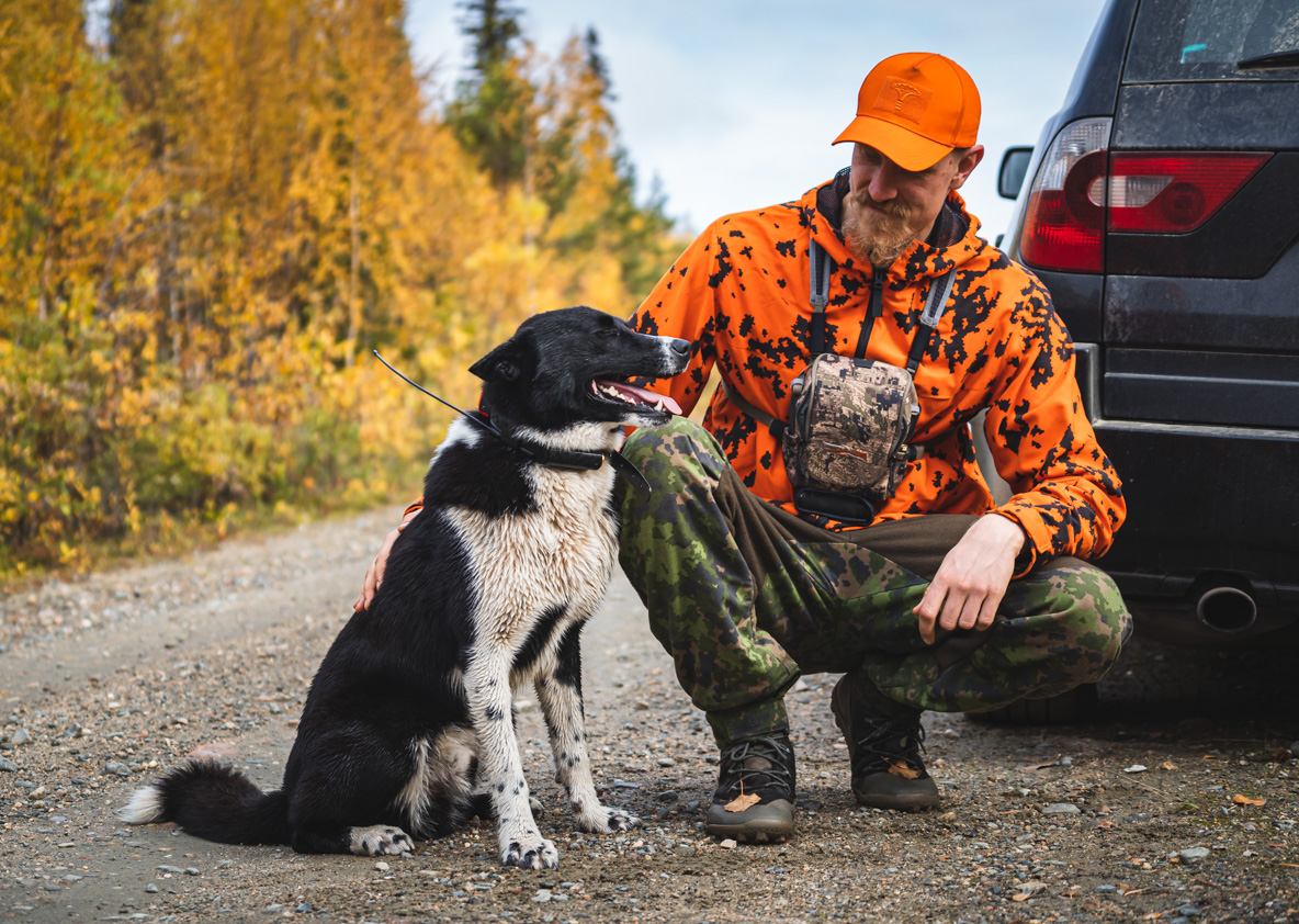 Moose hunter patting a Karelian bear dog