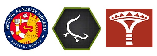 Logos of Tactical Academy Finland. Project Gecko, and Varusteleka.