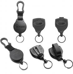 Key-Bak Super48 avainhihna. Vasemmalta oikealle: jousihaka, vyöklipsi, umpilenkki.