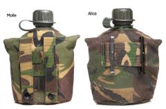 Hollantilainen kenttäpullo kupilla ja DPM-kuvioidulla taskulla, ylijäämä. Tavallisia taskuja on MOLLE-tyyppisinä ja ALICE-tyyppisinä.