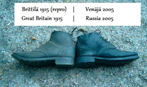 Venäläiset laivastokengät, kumipohjilla, ylijäämä. Brittimallin kengät ovat vain hieman paremmat jalassa!