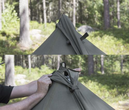Savotta Hawu 4 teltan komponentit. Keskisalkoa käyttäessä teltan huippu voidaan peittää suojaliepeellä.