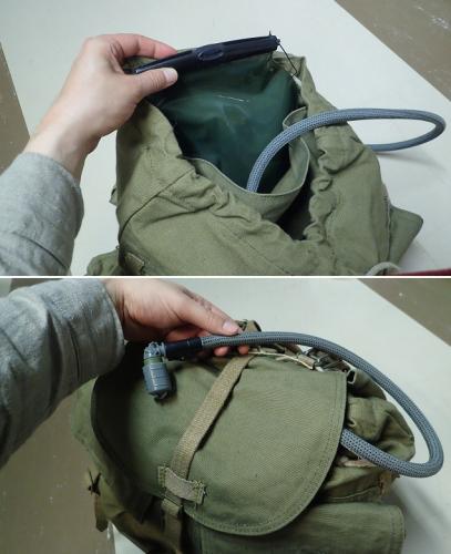 Tsekkiläinen M60 reppu, valjailla, ylijäämä. Sisälle erilliseen taskuun piilotettu Sourcen WLPS juomarakko.