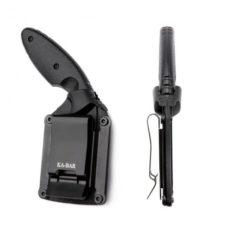 Ka-Bar TDI Law Enforcement veitsi. Mukana tulee tuppi vyöklipsillä. Se on viritetty vasemmalla puolella kannettavaksi, mutta voidaan helposti vaihtaa toiselle puolelle.